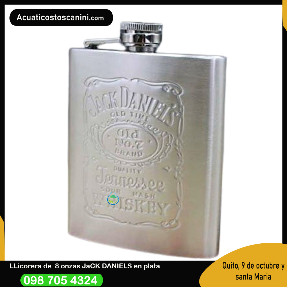 Licorera Jack Daniels de 8 onzas en fond metalico o plata