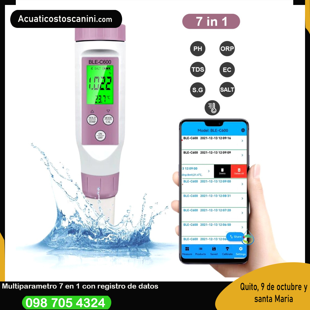 Tester Ble Ph / Ec / Tds /T / Sal /Sg /Orp Digital Doble Decimal PH metro Inalámbrico