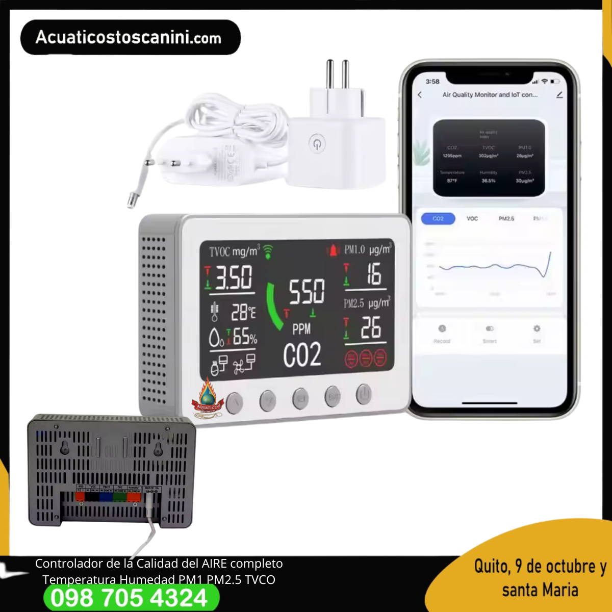 Monitor altamente inteligente con sistema de control de temperatura huemdad CO2 Material particulado PM1 , PM2.5 Y TVCO