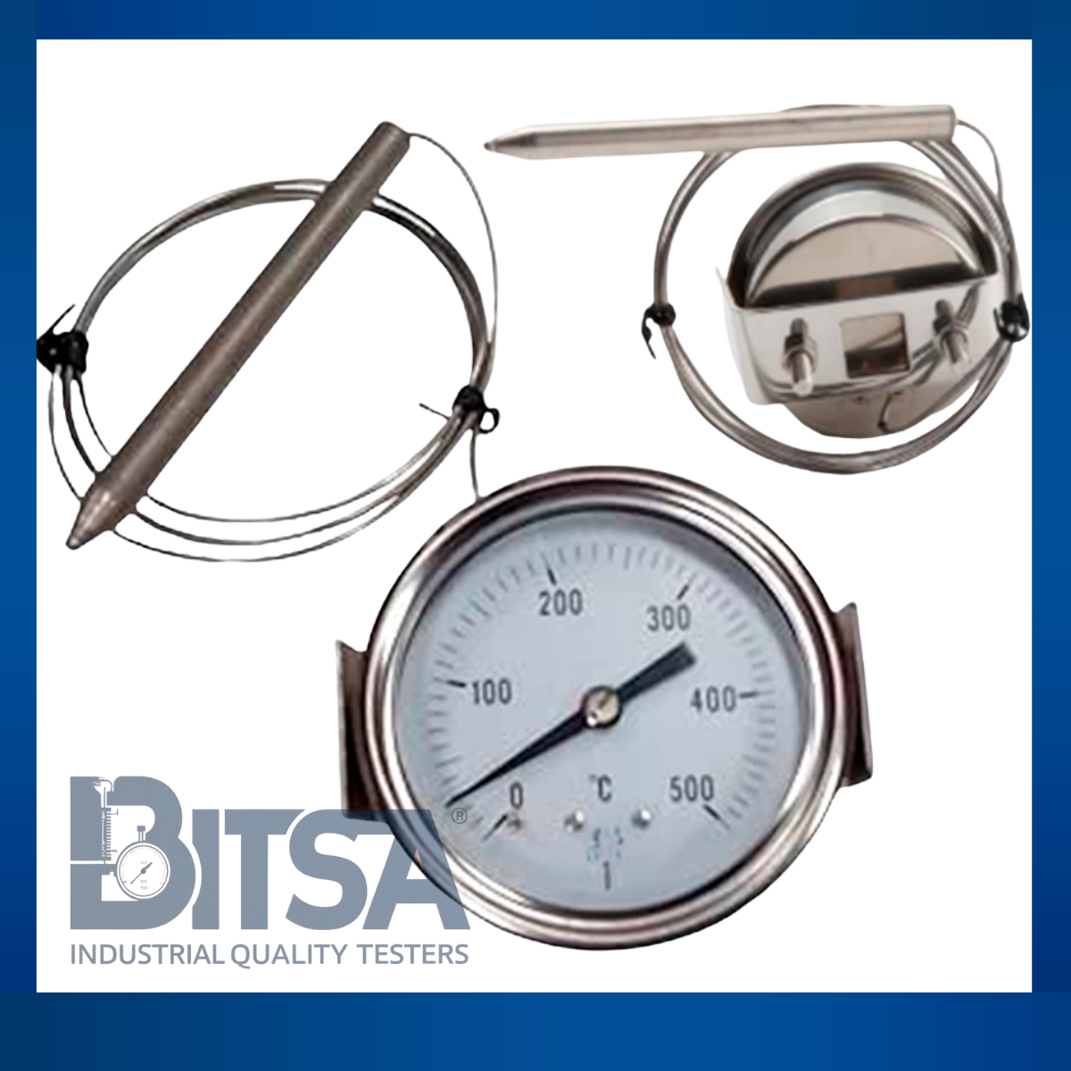 Termómetro Caterpilar bimetálico 0-500 grados sonda 1M Celsius  acero