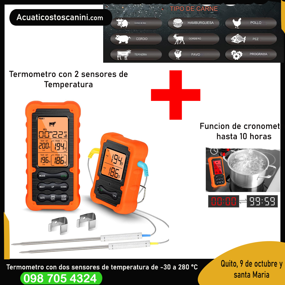 Termómetro Digital Ble Con 2 Sondas hasta 70m para 7 tipos de carnes grill pollo bife cortes asados